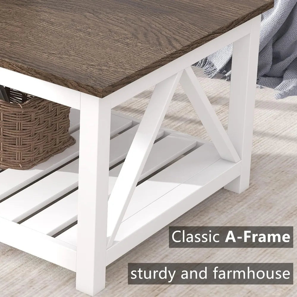 Farmhouse Coffee Table, Rustic Vintage Living Room Table with Shelf,Farmhouse Coffee Table