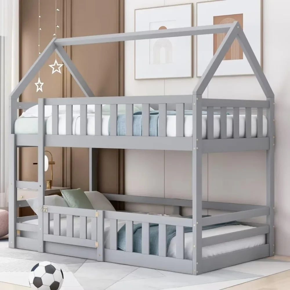 Modern Floor Low Bunk Bed with Fence and Door, Solid Wood Bunks Beds with Guardrails and Ladder, Twin Over Twin House Bunk Bed