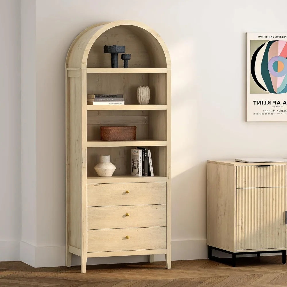 MKDK Tall Arched Bookshelf With Drawers Farmhouse Cabinet