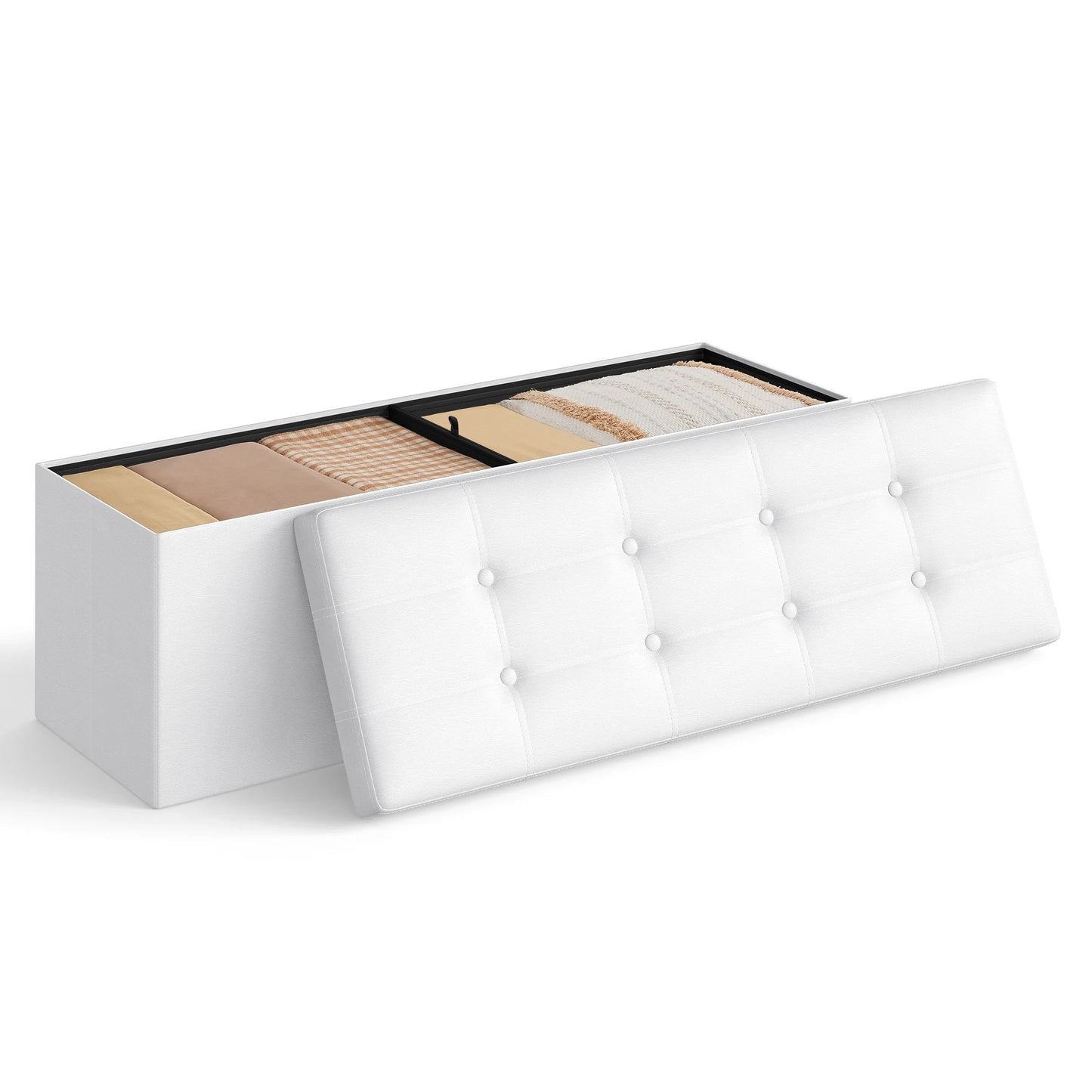 SONGMICS 43 Inches Folding Storage Ottoman Bench, Storage Chest, Footrest, Coffee Table, Padded Seat, Faux Leather