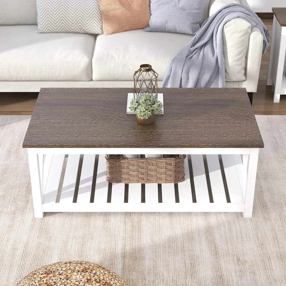 Farmhouse Coffee Table, Rustic Vintage Living Room Table with Shelf,Farmhouse Coffee Table