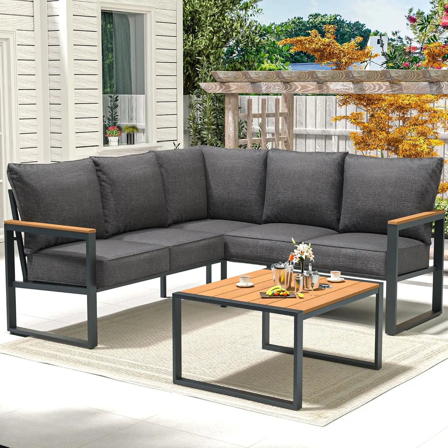 Patio Furniture Set 6 Pieces Outdoor Sectional Sofa Set with Side Table L Shape Patio Conversation Set with Faux Wood Tabletop