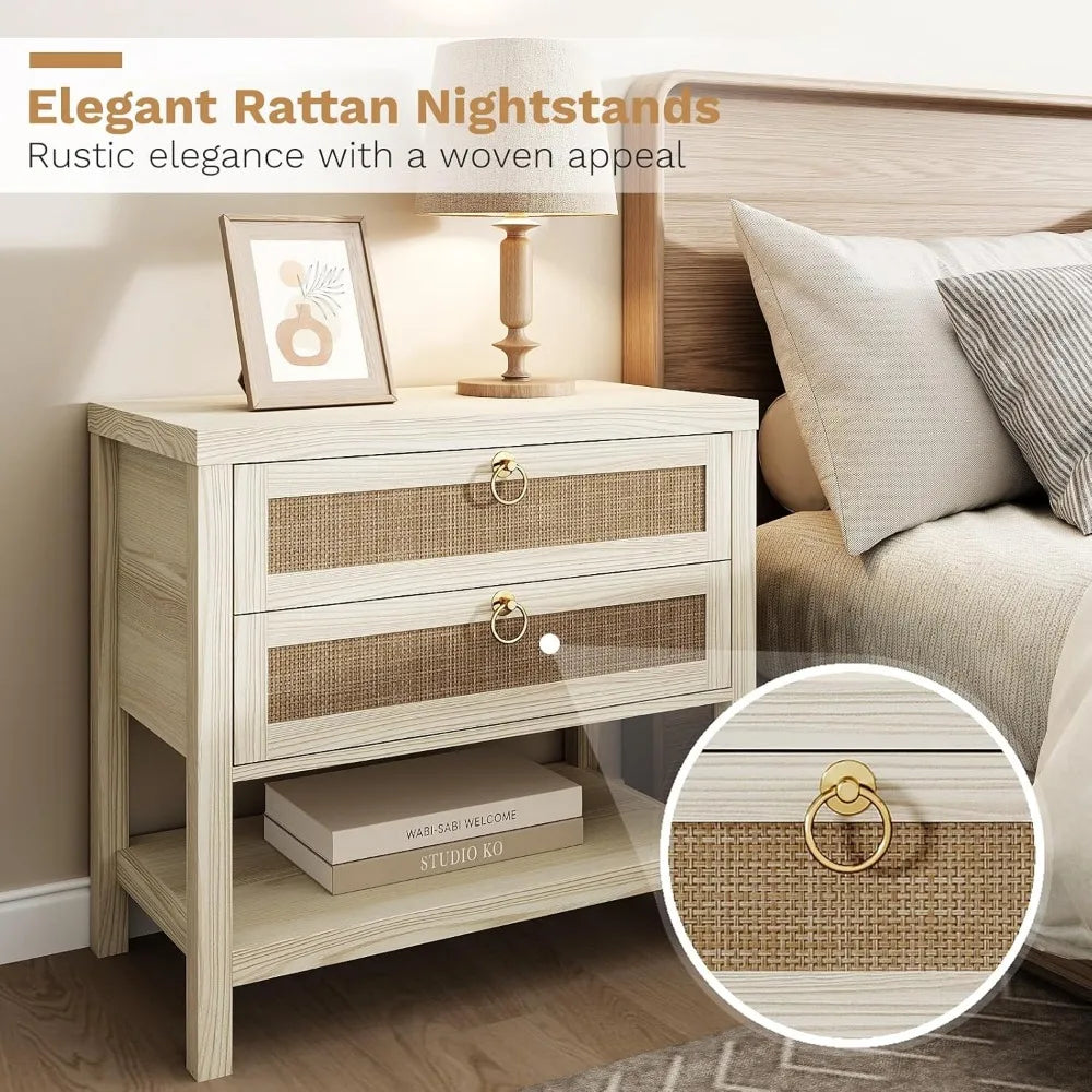 Ticify Boho Rattan Nightstand Set Of 2 With Drawers