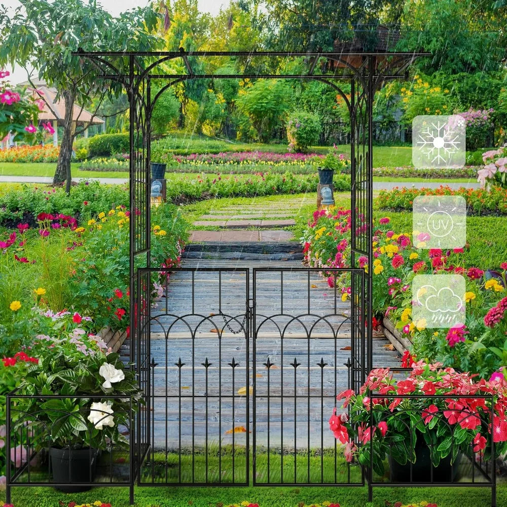 Garden Arbor with Gate and Planter Box, Metal Garden Arch for Climbing Plants Outdoor, Wedding Arches for Ceremony, Garden Arbo