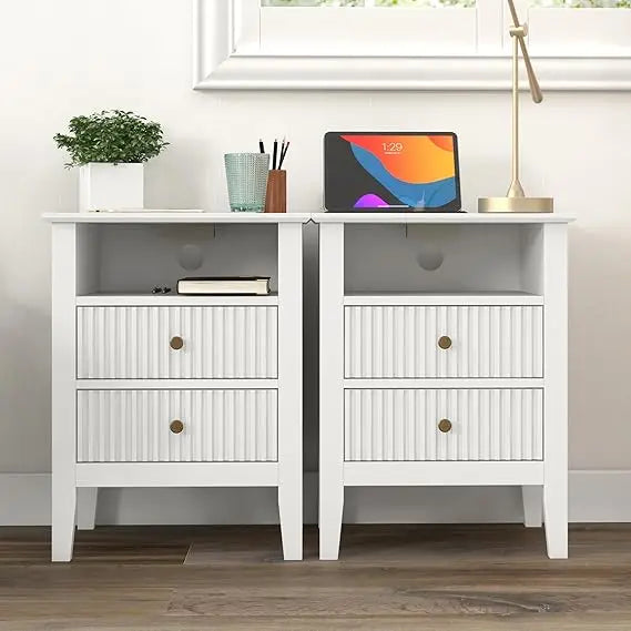 Beige Fluted Nightstand Set of 2, Colorful Nightstand with 2 Drawers, Modern Wooden End Table with Storage for Small Spaces, Si