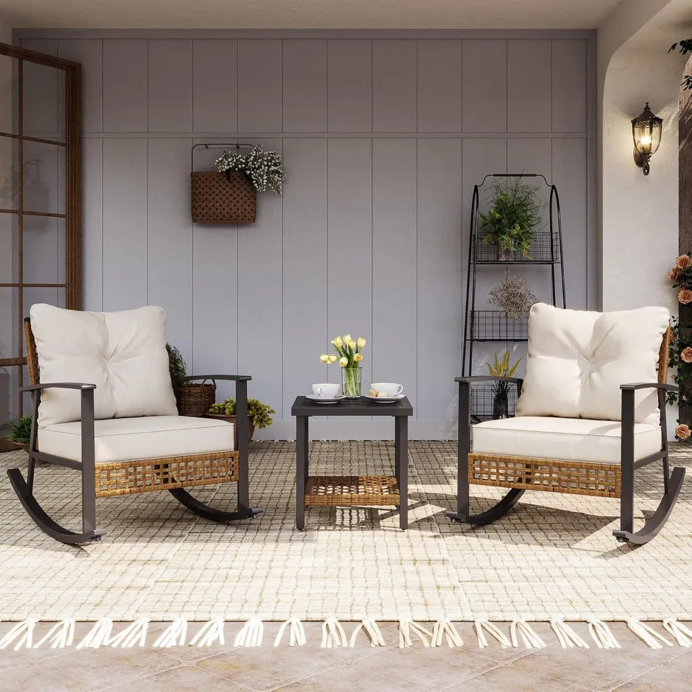 3 Pieces Rocking Bistro Set, Outdoor Patio Furniture Set with Thick Cushions and 2-Tier Coffee Table, Oversize Rattan Sets