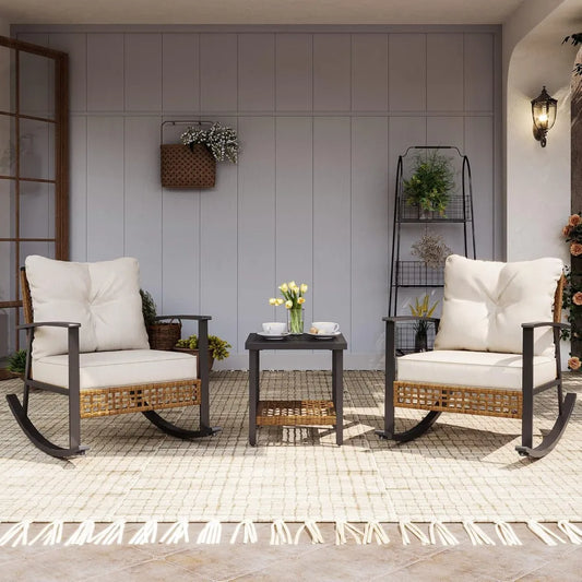 3 Pieces Rocking Bistro Set, Outdoor Patio Furniture Set with Thick Cushions and 2-Tier Coffee Table, Oversize Rattan Sets