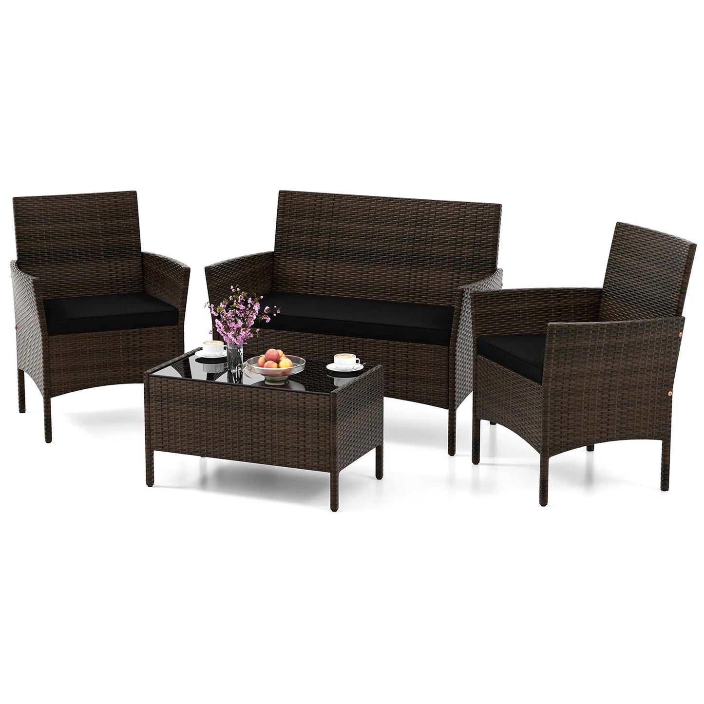 4 PCS Patio Furniture Set with Washable Cushions and Tempered Glass Coffee Table Black