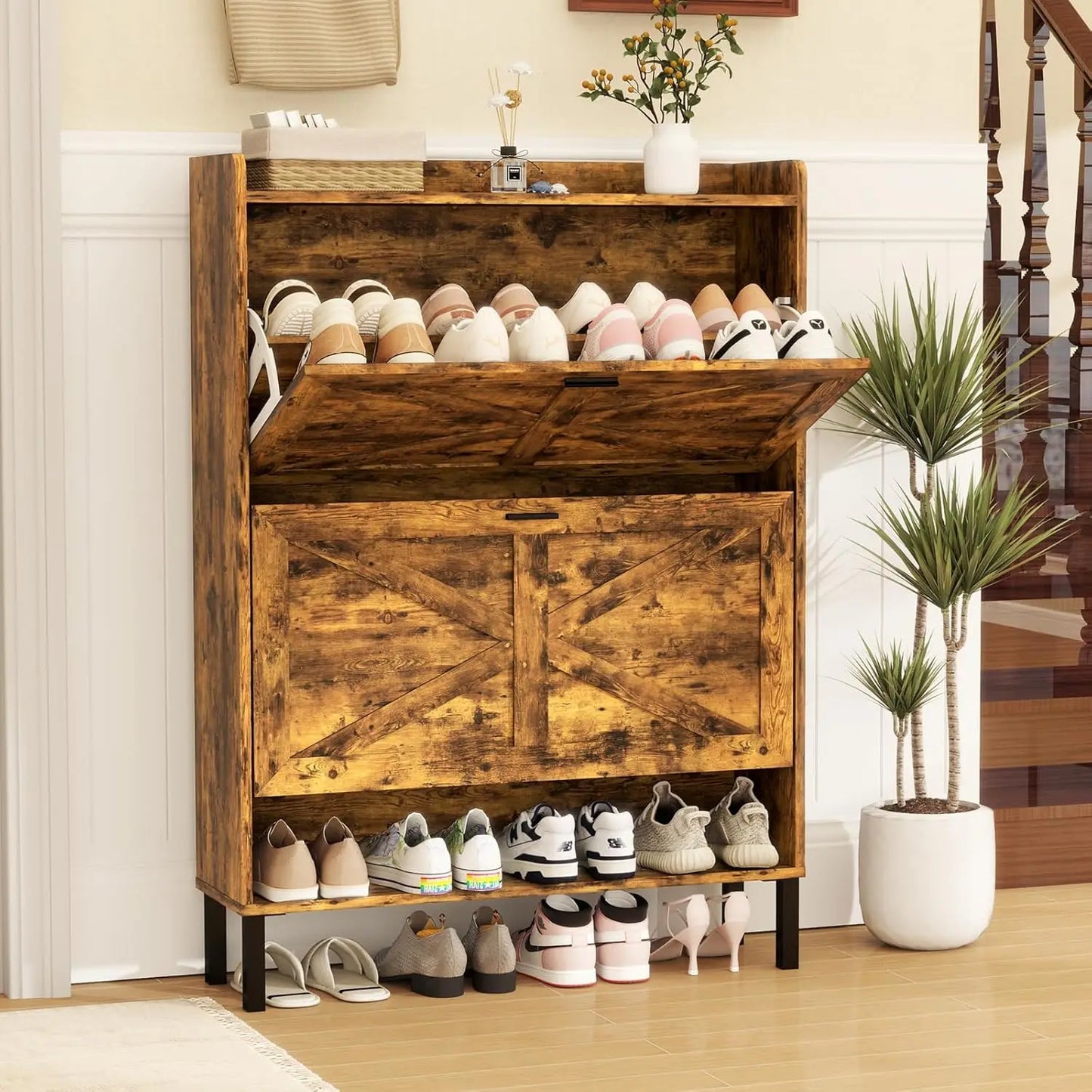 Shoe Cabinet for 24 Pairs, Fits Size 13, Slim Freestanding Shoe Rack Organizer with 2 Flip Drawers & Coat Hooks