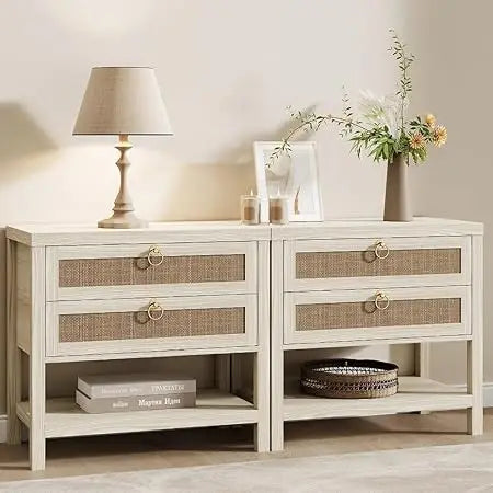 Ticify Boho Rattan Nightstand Set Of 2 With Drawers
