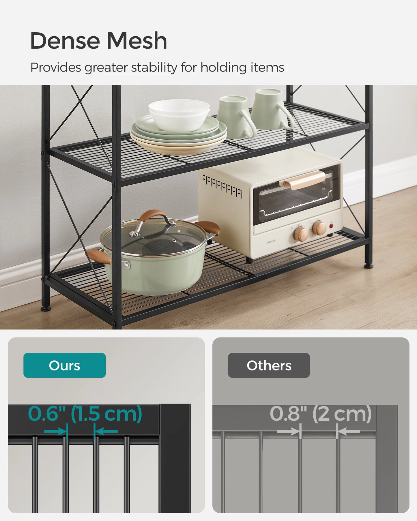 SONGMICS 4-Tier Metal Storage Rack, Shelving Unit with X Side Frames, Dense Mesh, 12.6 x 31.5 x 44.3 Inches, for Entryway