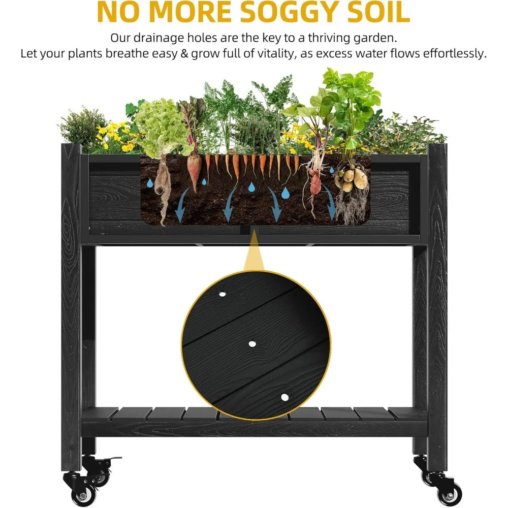 DWVO Raised Garden Bed, Outdoor Planter Box, Small Flower Box with Double-Layer, 4 Swivel Casters and Built-in Drain Holes, Idea