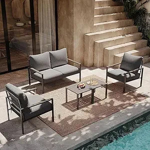 Metal Patio Furniture Set, 5-Piece Modern Patio Set with Sofa and Coffee Tables, Outdoor Furniture Set for Garden, Backyard, Bal
