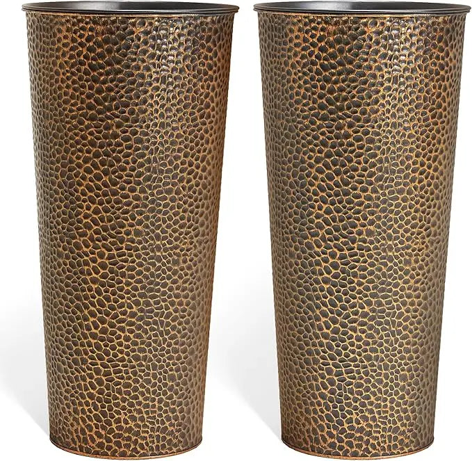 KOL 28 Inch Tall Metal Cone Planters with Inner Pots 2 Pack Bronze Hand Hammered Large Decor Planter for Deck Patio Porch
