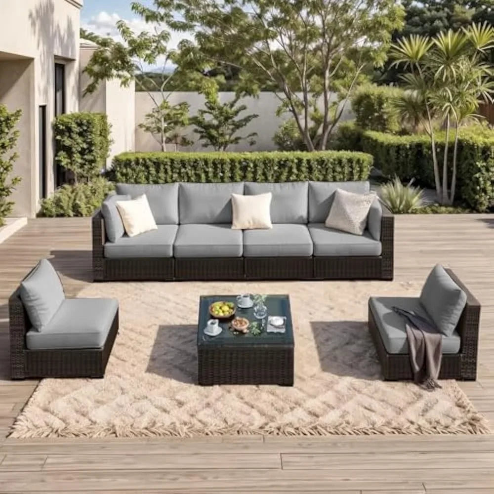 Patio Furniture 7 Pieces Set, Sectional PE Rattan Conversation Sets with Cushions& Glass Coffee Table, Patio Furniture Set