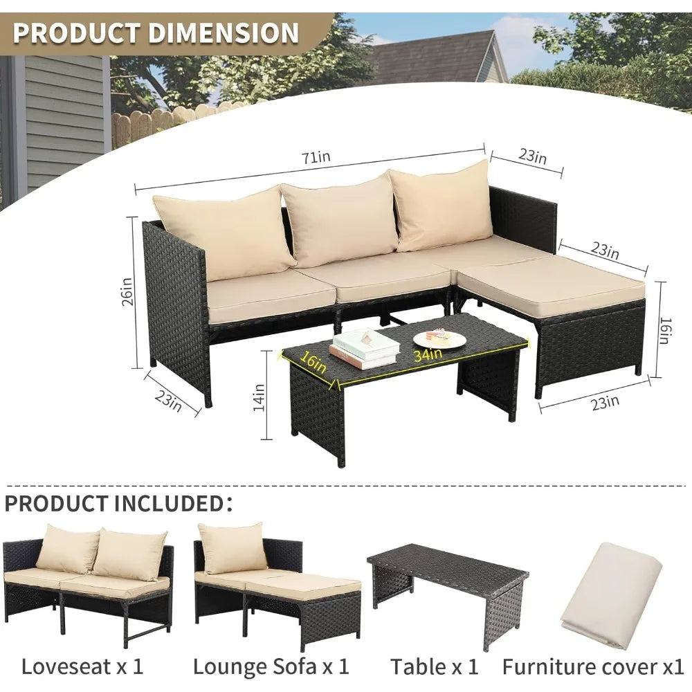 3-Piece Outdoor PE Rattan Furniture Set Patio Black Wicker Conversation Loveseat Sofa Sectional Couch Khaki Cushion