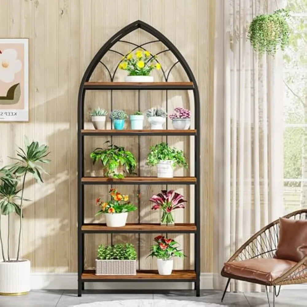 5-Tier Indoor Plant Stand, 74.8-Inch Tall, Industrial Wood & Metal Plant Shelf for Indoor, Balcony, Garden (Rustic Brown & Blac