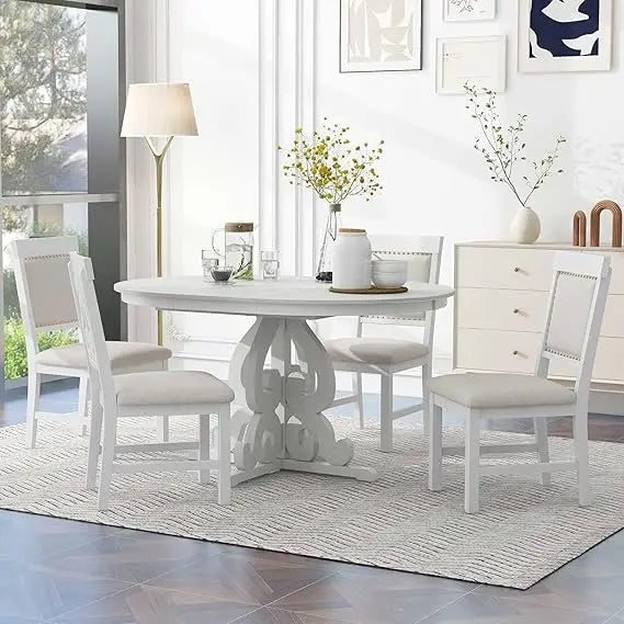 Extendable Dining Table Set for 4-6, Solid Wood Kitchen Table Set with 4 Upholstered Chairs for Kitchen, Dining Room, Small Spa