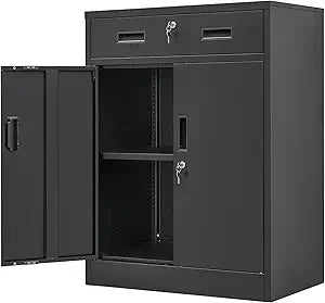 Color Locking Storage Cabinet With 2 Drawers And Shelf