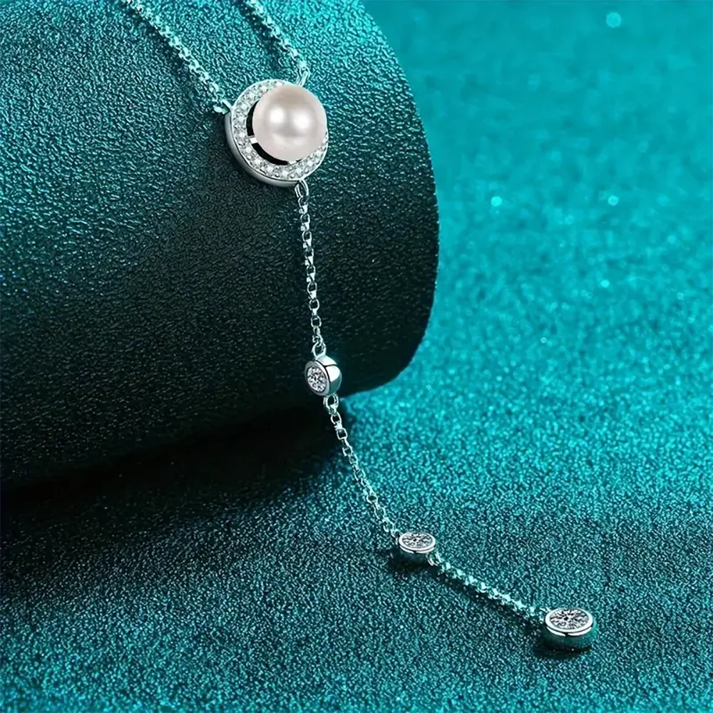 Moissanite Pendant Necklace for Women 925 Sterling Silver 8mm Luxury Pearl Long Tassel Chain Y Shaped Necklace USA Stock
