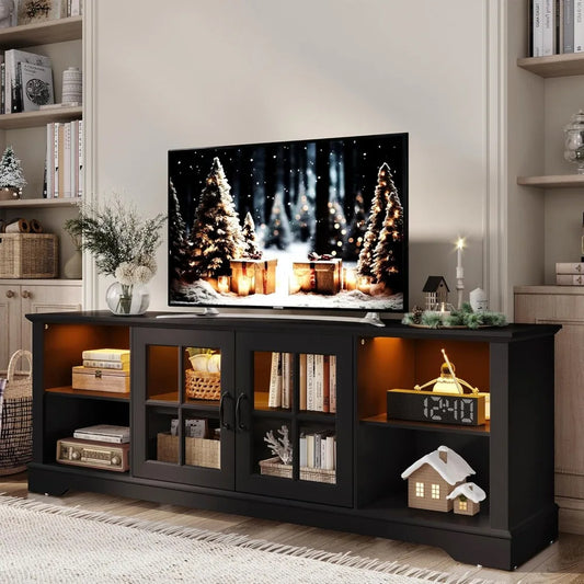 RBXC Modern Farmhouse TV Stand With LED Lights Glass Doors