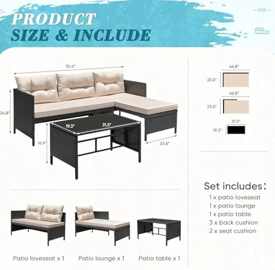 Outdoor 3 Piece Wicker Patio Set With Cushions And Table