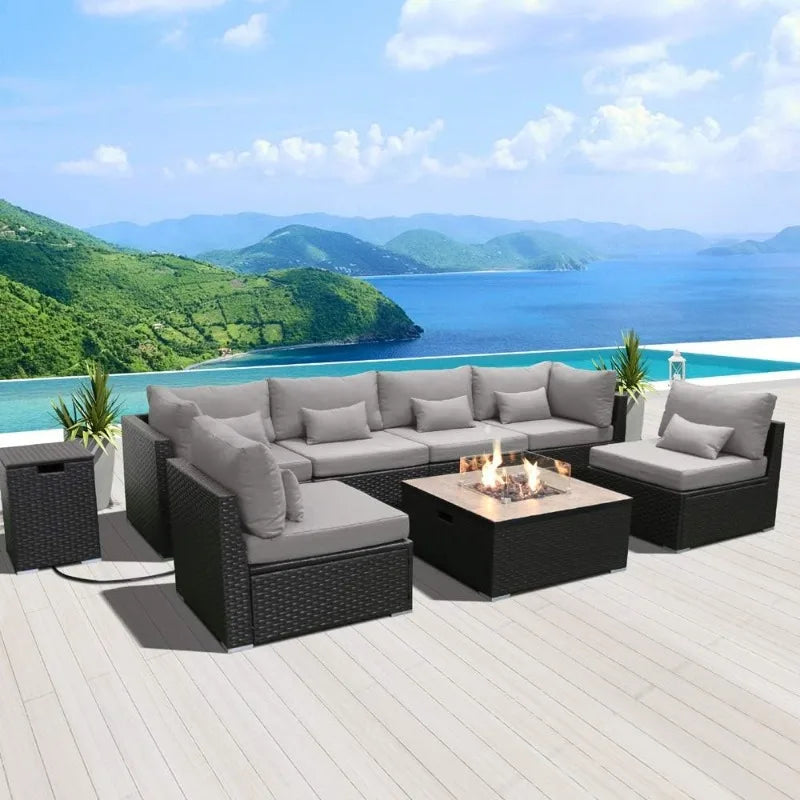 OEING Outdoor Patio Sectional Sofa With Gas Fire Pit Table