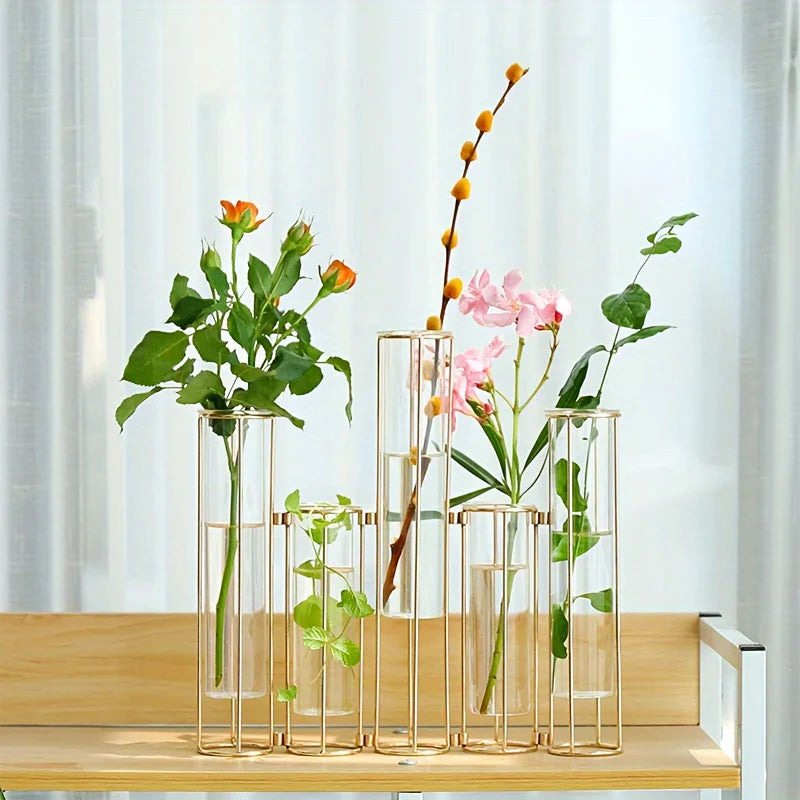 Test Tube Vase with Five Test Tubes Gold Centerpiece Vase with Metal Stand Glass Vase for Wedding Home Decoration