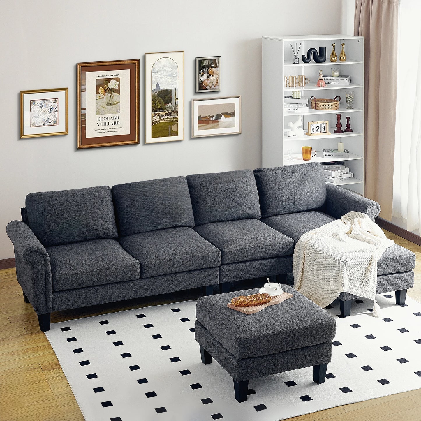 Redlife 108" Sectional Sofa w/ Chaise Living Room Sofa Convertible 4 Seat L-Shape Sofa Set Fabric Sectional Couch w/ Two Ottoman