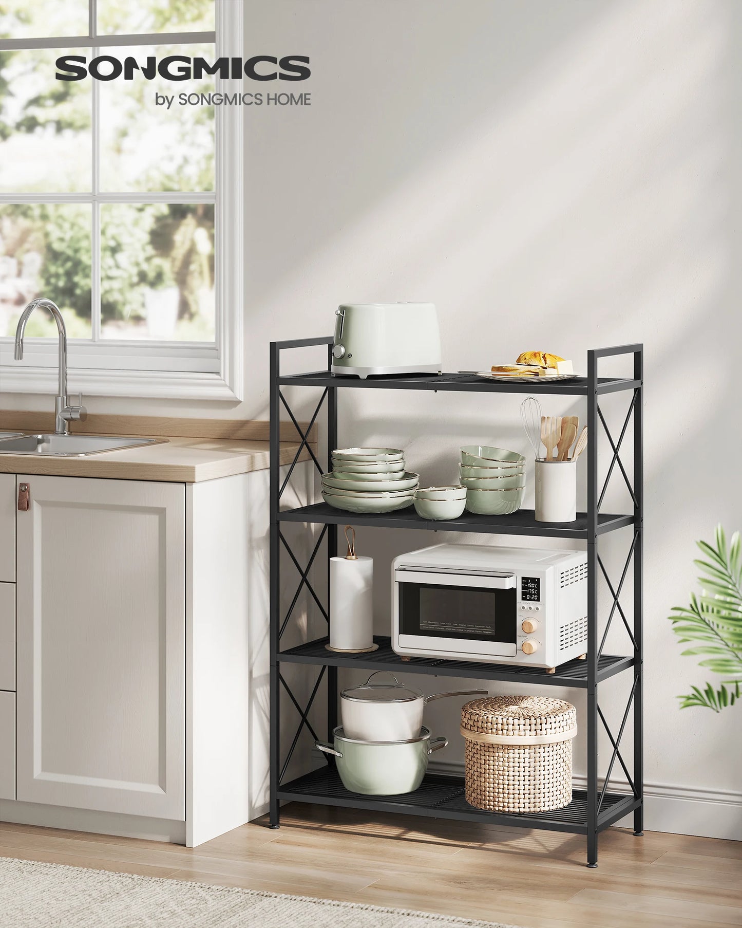 SONGMICS 4-Tier Metal Storage Rack, Shelving Unit with X Side Frames, Dense Mesh, 12.6 x 31.5 x 44.3 Inches, for Entryway