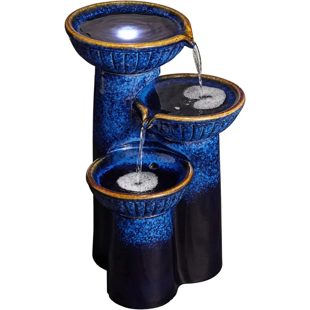 John Timberland Three Bowl Outdoor Floor Water Fountain LED