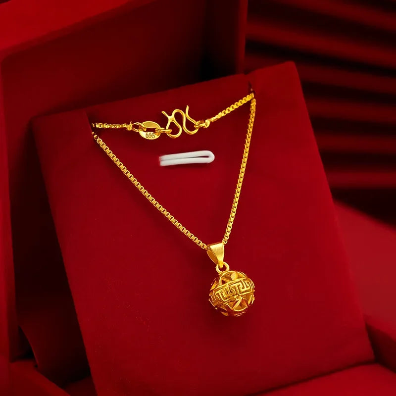 Pure Gold Color Pattern Small Embroidered Ball Pendant Necklaces for Women Gold Color Trendy Necklaces Chain Fine Jewelry Gifts