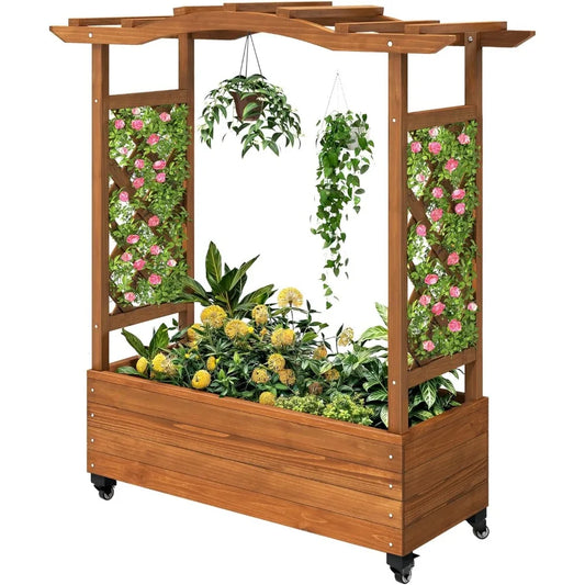 DWVO Raised Garden Bed with Trellis Movable, Weather Resistant Solid Wood Planter Box with Wheels for Climbing Plants, Elevated