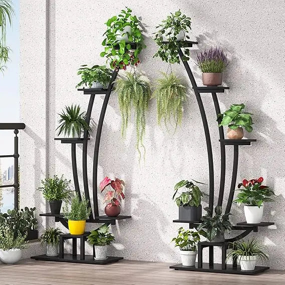 6 Tier Tall Indoor Plant Stand Pack of 2 Metal Curved Display Shelf with 2 Hanging Hooks Multi Purpose Bonsai Flower Pot Holder