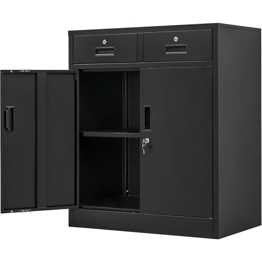 Color Locking Storage Cabinet With 2 Drawers And Shelf