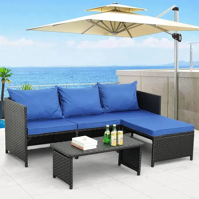 3-Piece Outdoor PE Rattan Furniture Set Patio Black Wicker Conversation Loveseat Sofa Sectional Couch Khaki Cushion