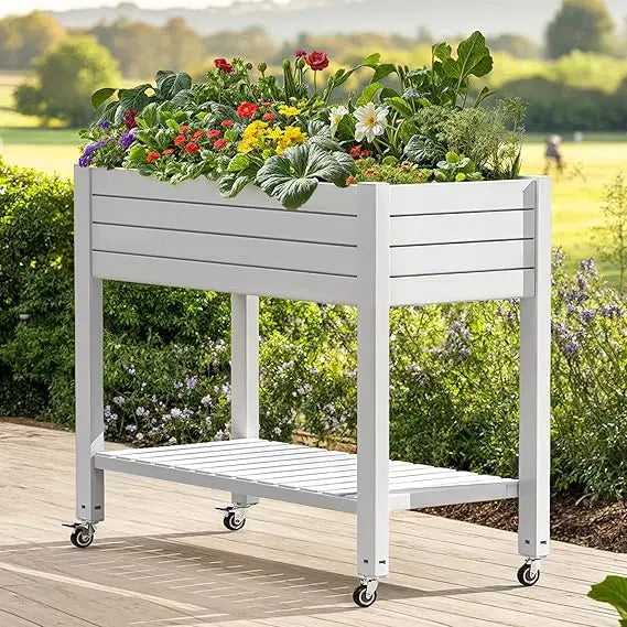 DWVO Raised Garden Bed with Trellis Movable, Weather Resistant Solid Wood Planter Box with Wheels for Climbing Plants, Elevated