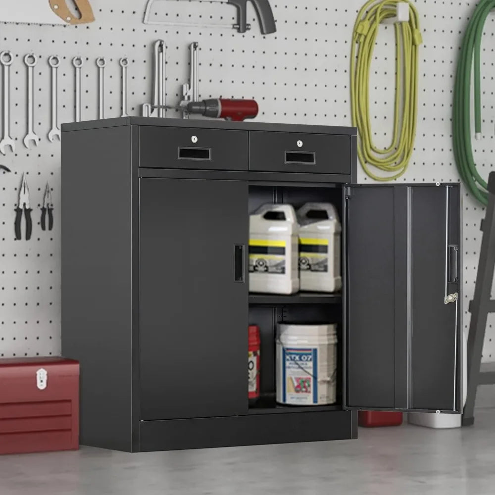 Color Locking Storage Cabinet With 2 Drawers And Shelf