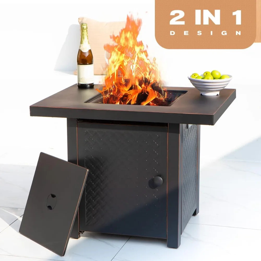 32'' Propane Fire Pit,50000 BTU Gas Firepit Table with 2 Drink Holders, Lid & Lava Rock,CSA Certified Outdoor Fire Pit Table for