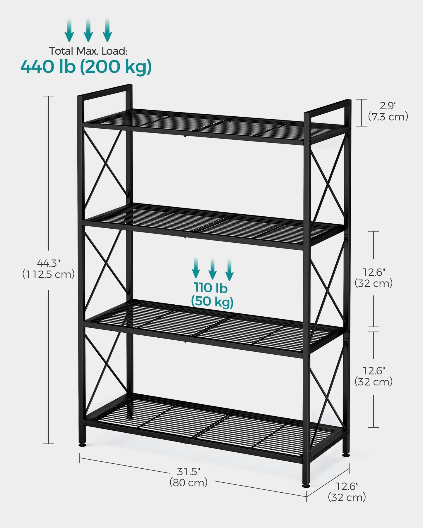 SONGMICS 4-Tier Metal Storage Rack, Shelving Unit with X Side Frames, Dense Mesh, 12.6 x 31.5 x 44.3 Inches, for Entryway
