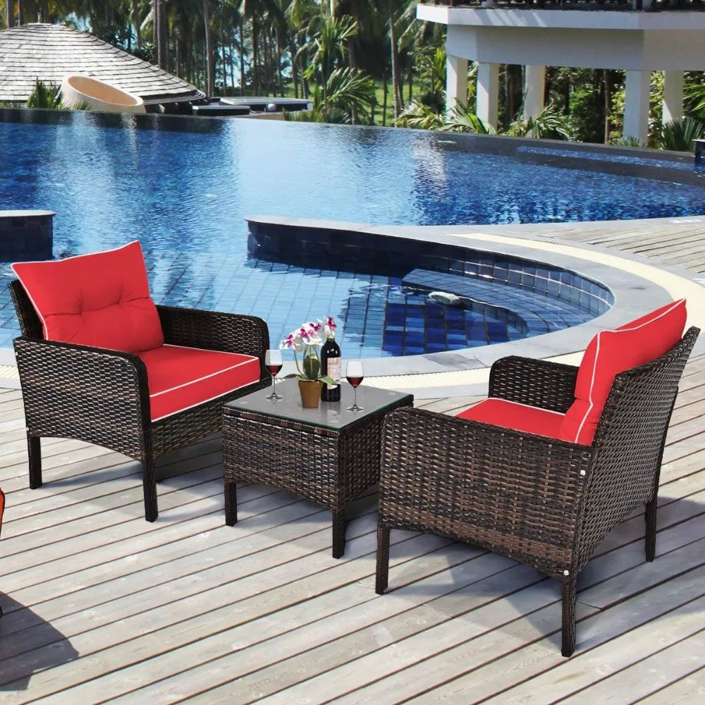 Tangkula Outdoor Patio 3 Piece Wicker Set With Glass Table