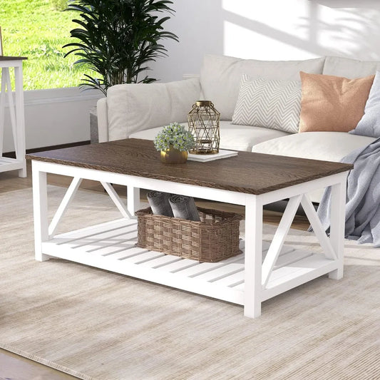 Farmhouse Coffee Table, Rustic Vintage Living Room Table with Shelf,Farmhouse Coffee Table