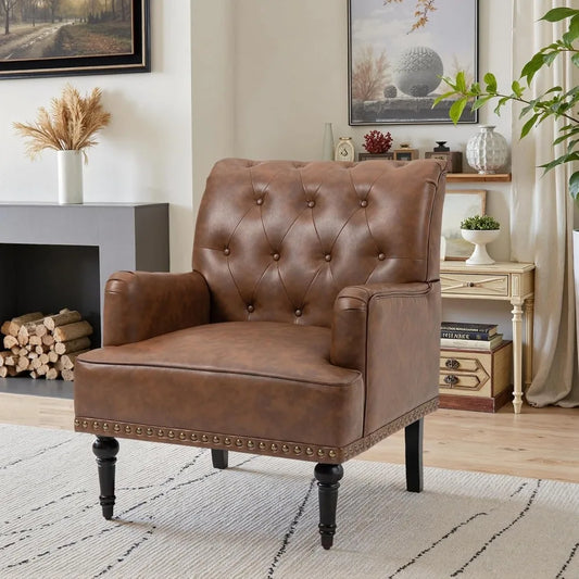 PU Leather Accent Chair, Modern Upholstered Armchair for Living Room, Comfy Arm Chair Single Sofa Reading Seat with Wooden Legs
