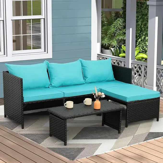 3-Piece Outdoor PE Rattan Furniture Set Patio Black Wicker Conversation Loveseat Sofa Sectional Couch Khaki Cushion