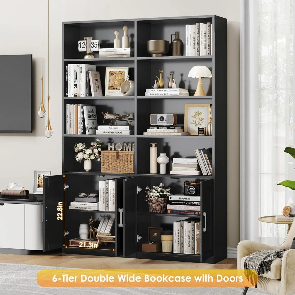 Bookshelf and Bookcase with Doors 6 Tier Double Wide Large Bookshelves Open Display Shelves 73 Inch Tall Bookshelf with Storage