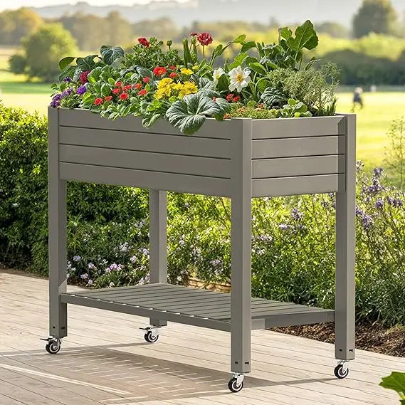 DWVO Raised Garden Bed with Trellis Movable, Weather Resistant Solid Wood Planter Box with Wheels for Climbing Plants, Elevated
