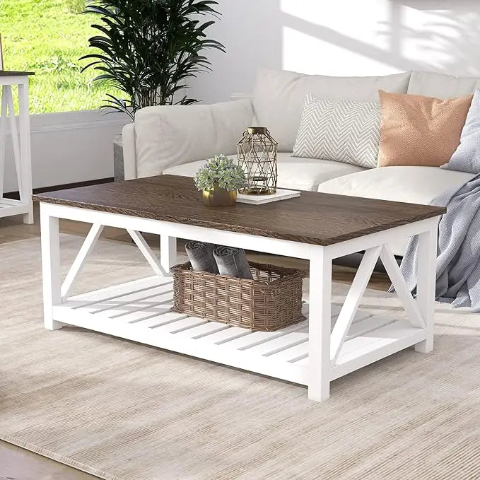 Farmhouse Coffee Table, Rustic Vintage Living Room Table with Shelf,Farmhouse Coffee Table
