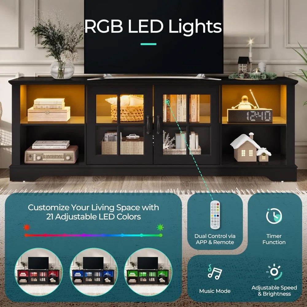 RBXC Modern Farmhouse TV Stand With LED Lights Glass Doors