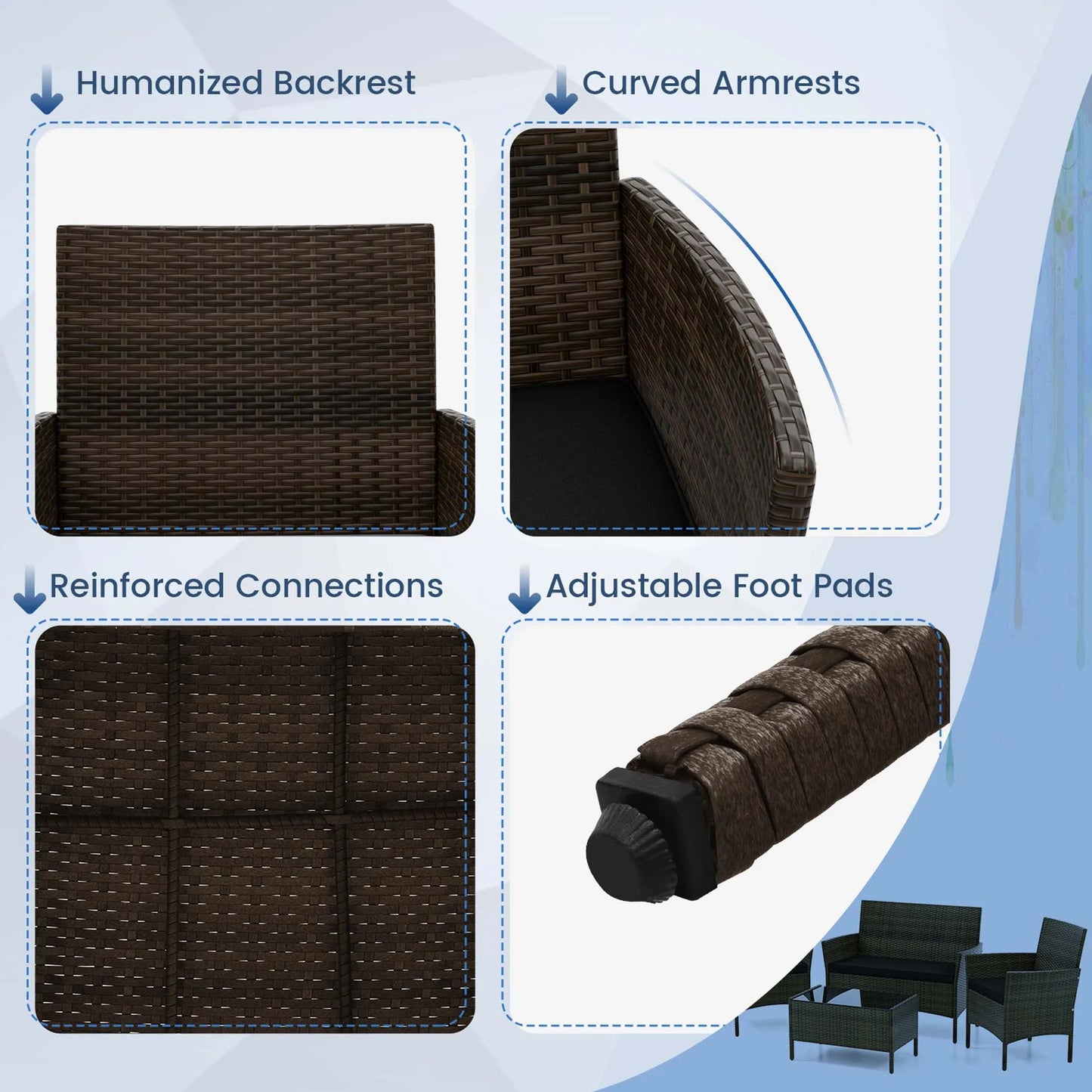 4 PCS Patio Furniture Set with Washable Cushions and Tempered Glass Coffee Table Black