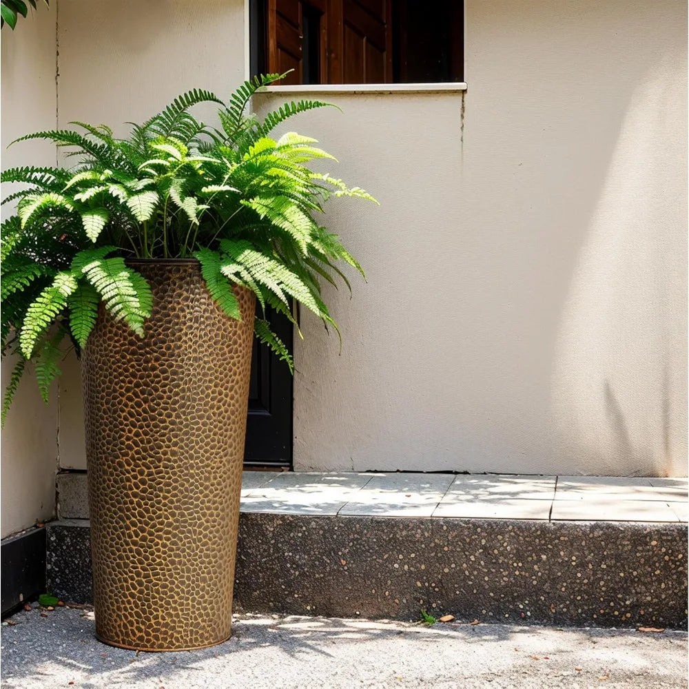 KOL 28 Inch Tall Metal Cone Planters with Inner Pots 2 Pack Bronze Hand Hammered Large Decor Planter for Deck Patio Porch